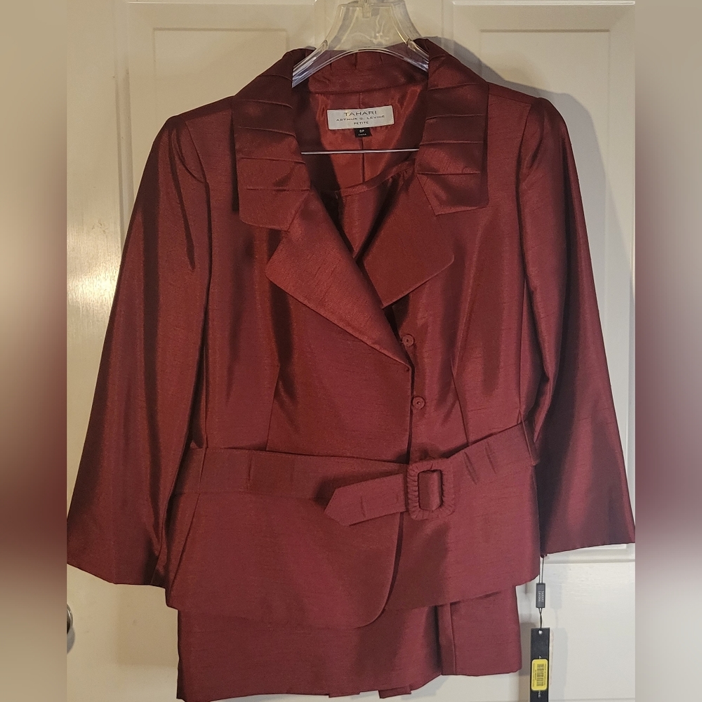 2pc petite burgundy/wine belted skirt suit